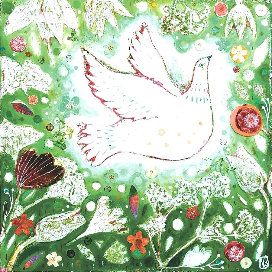 A white dove flying amidst green foliage, flowers, and fruit in a colorful, artistic style.