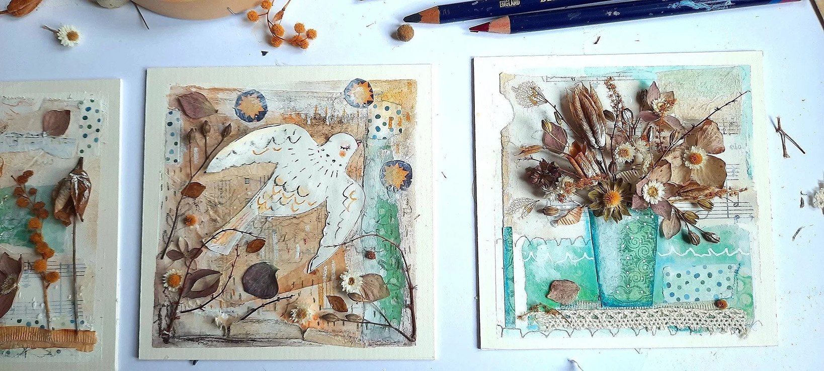 Artistic mixed media collages with watercolor backgrounds, featuring pressed leaves, dried flowers, and drawn elements like a dove and a vase of flowers.