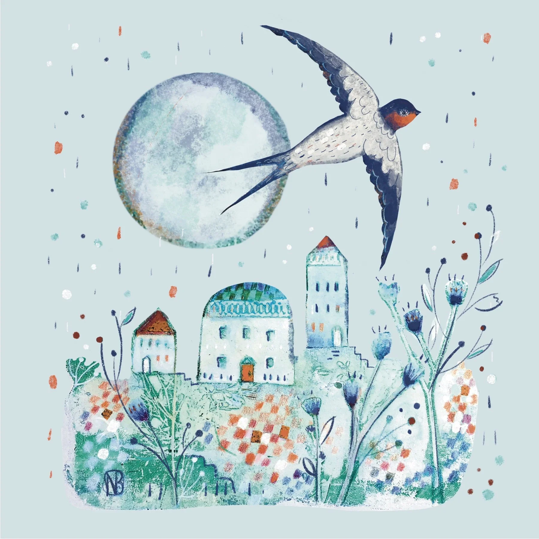 Flying swallow with large moon and three small houses in the background.