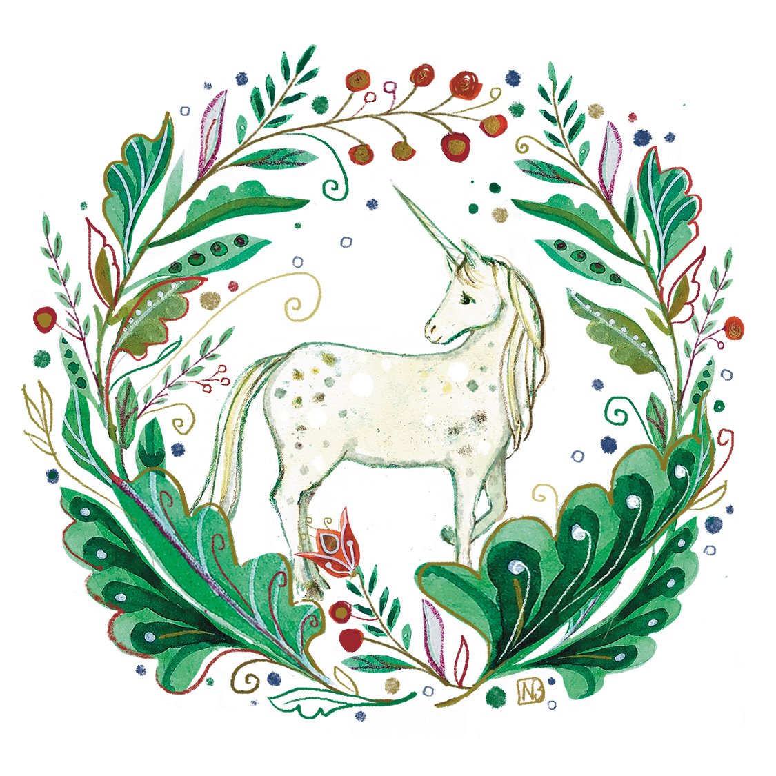Watercolor illustration of a white unicorn with a golden horn, surrounded by a decorative wreath of green leaves and red berries.