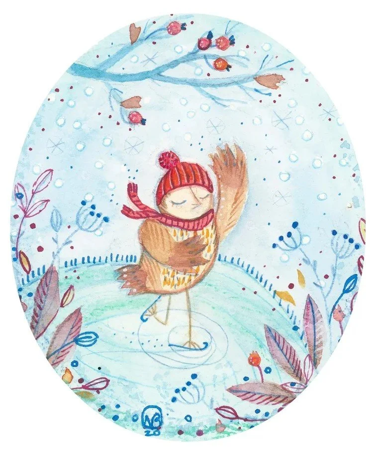 Oval shaped winter scene with a skating owl on a frozen pond.