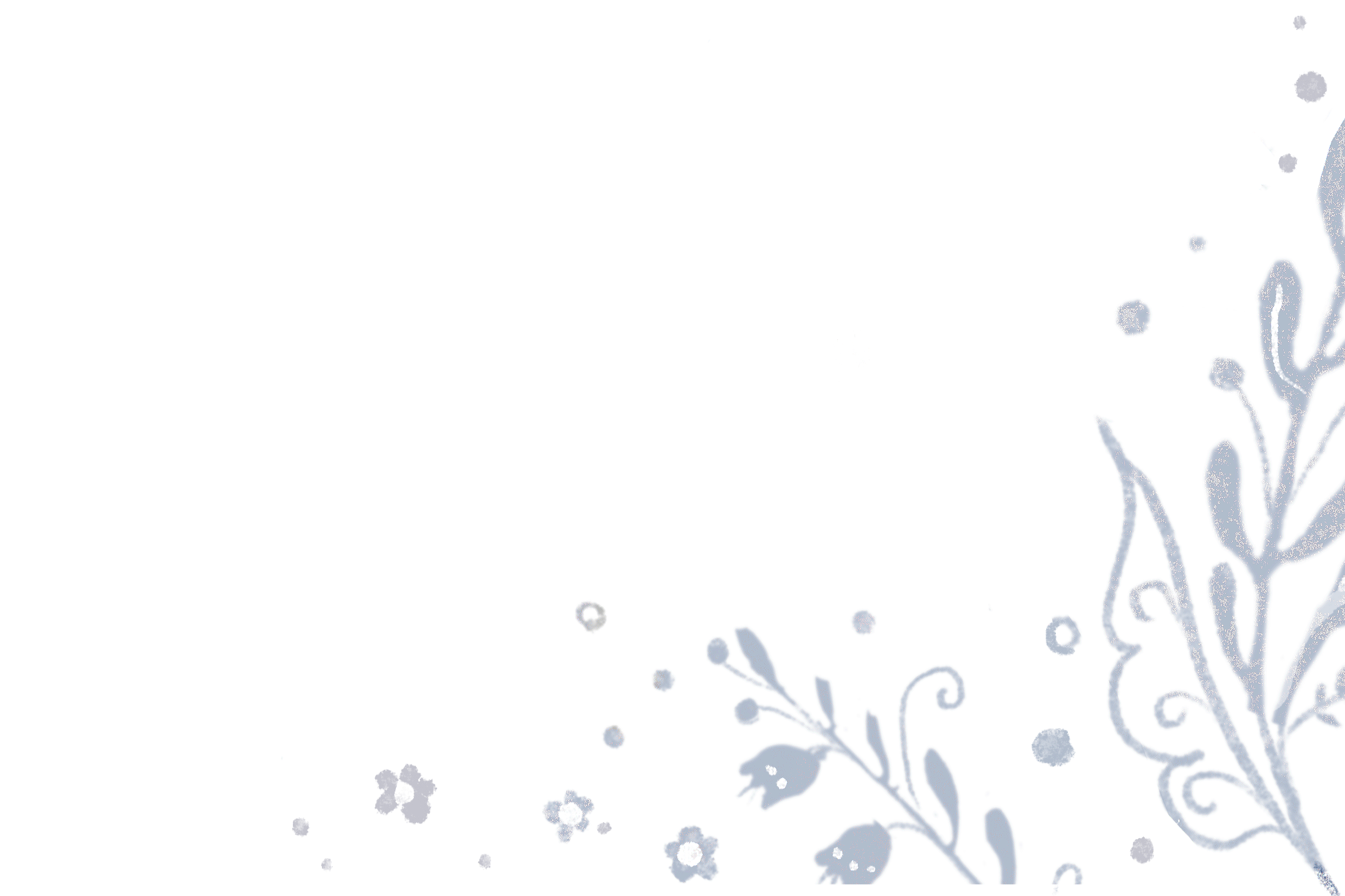 Dark background with blue floral and botanical patterns on the bottom right corner and white scattered dots and small flowers across the image.