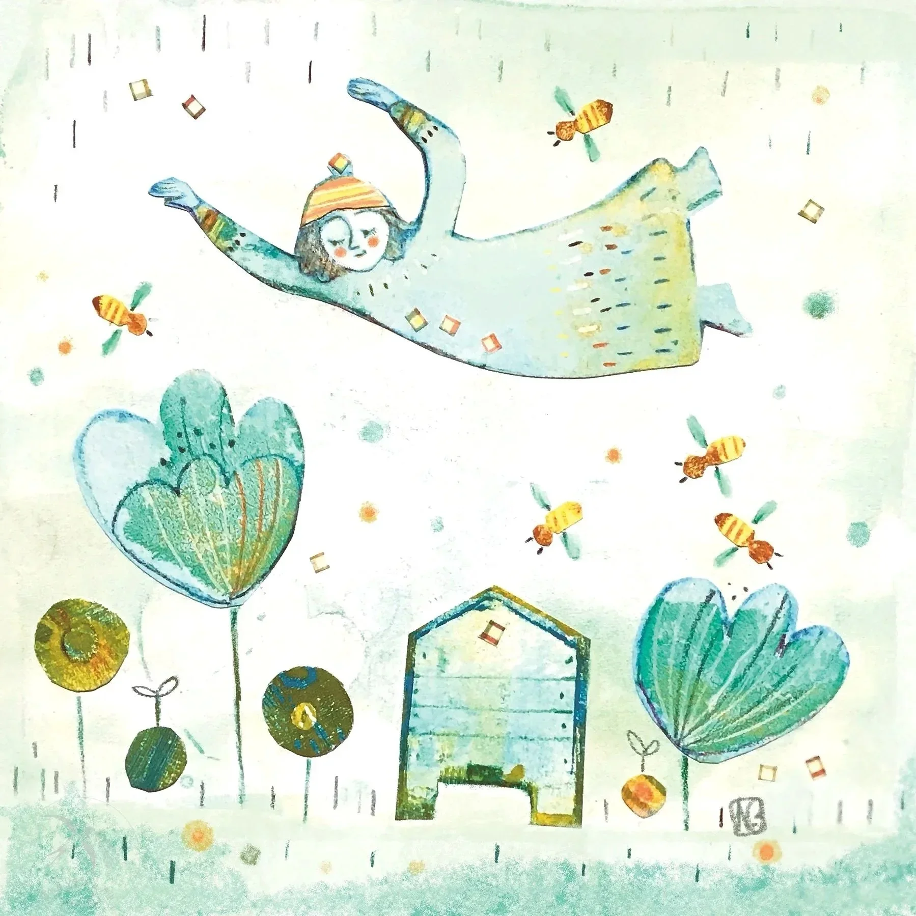 Girl flying over a beehive and some flowers amidst some bees.