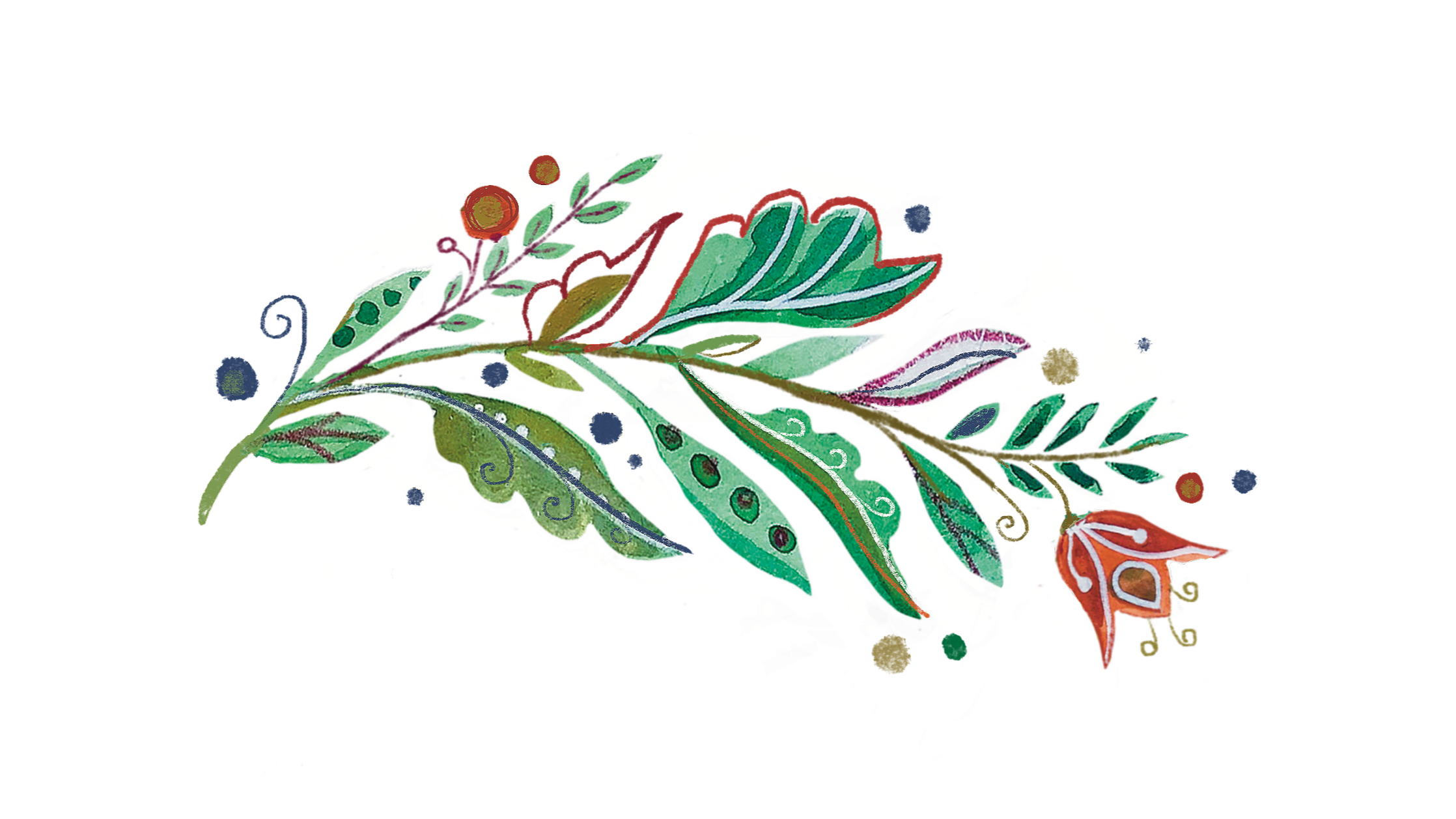 Colorful decorative illustration of various leaves and berries on a black background.