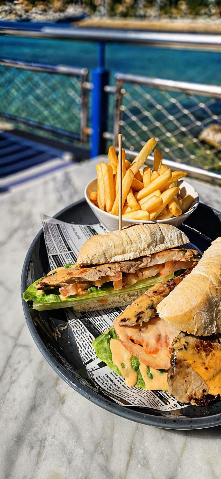 Una bandeja con sándwiches, papas fritas y una vista cerca del agua en un lugar soleado.