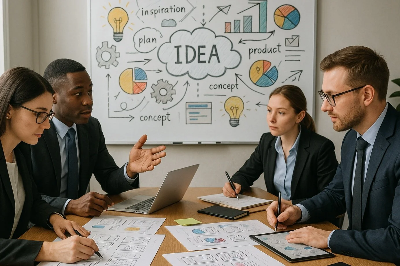 Marketing strategist in planning session, surrounded by charts and creative sketches — representing Bleu’s collaborative brand partnerships in Singapore