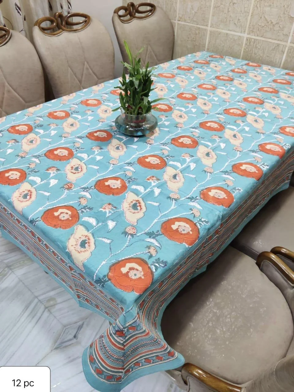 Blockprinted Table Cover- Orange Floral