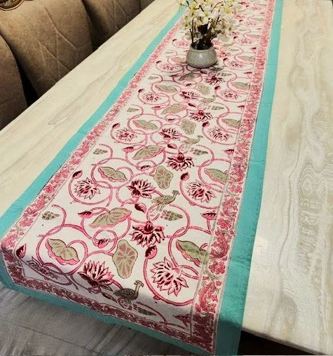 White Base Lotus Print Table Runner