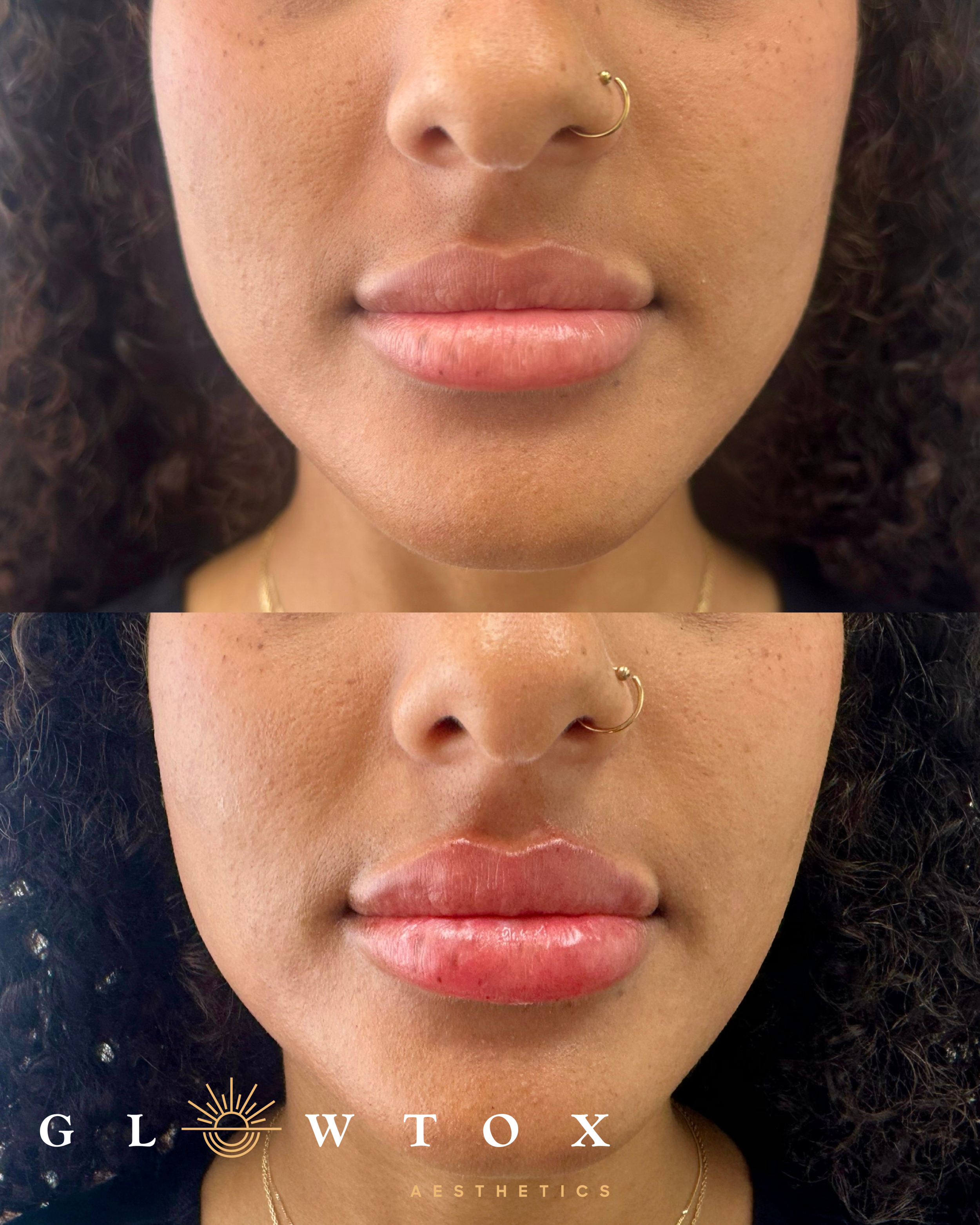 Close-up of a woman with curly dark hair, wearing a gold nose ring, gold necklace, and pink lipstick. The image is overlaid with the text "GLOW TEXT AESTHETICS" and a logo of a sun rising.