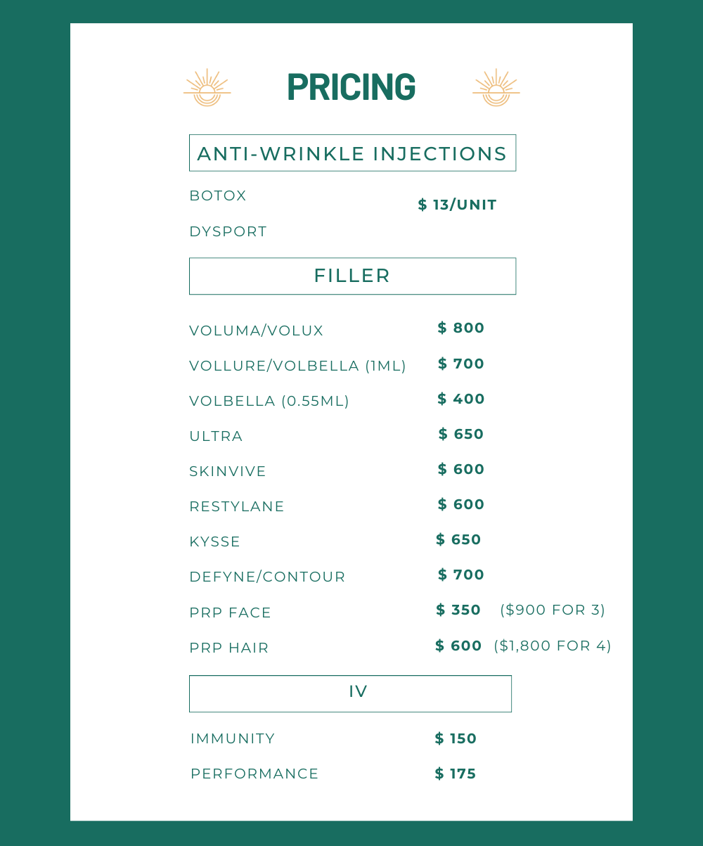 Pricing list for anti-wrinkle injections including Botox, Dysport, fillers, and other treatments with prices.