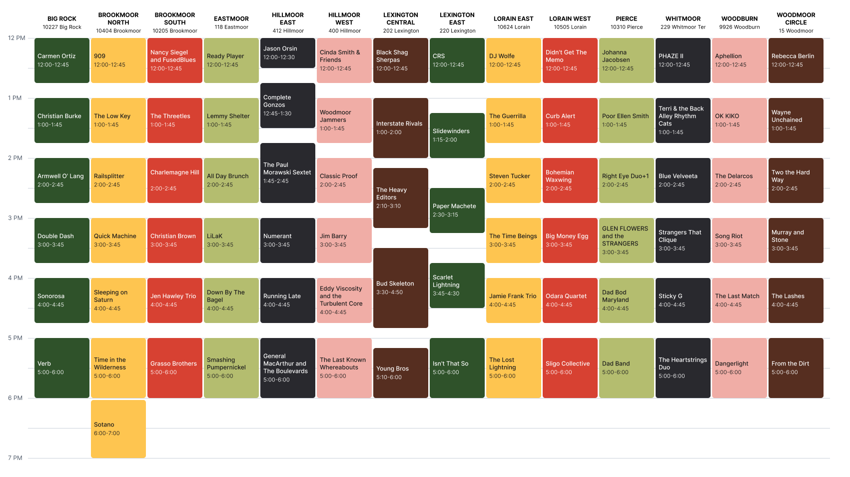 Printable Woodmoorstock 5 band schedule with dates and times