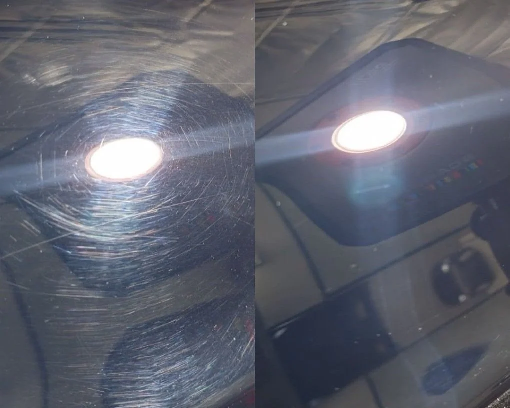 A side-by-side comparison of a car's paint before and after paint correction.