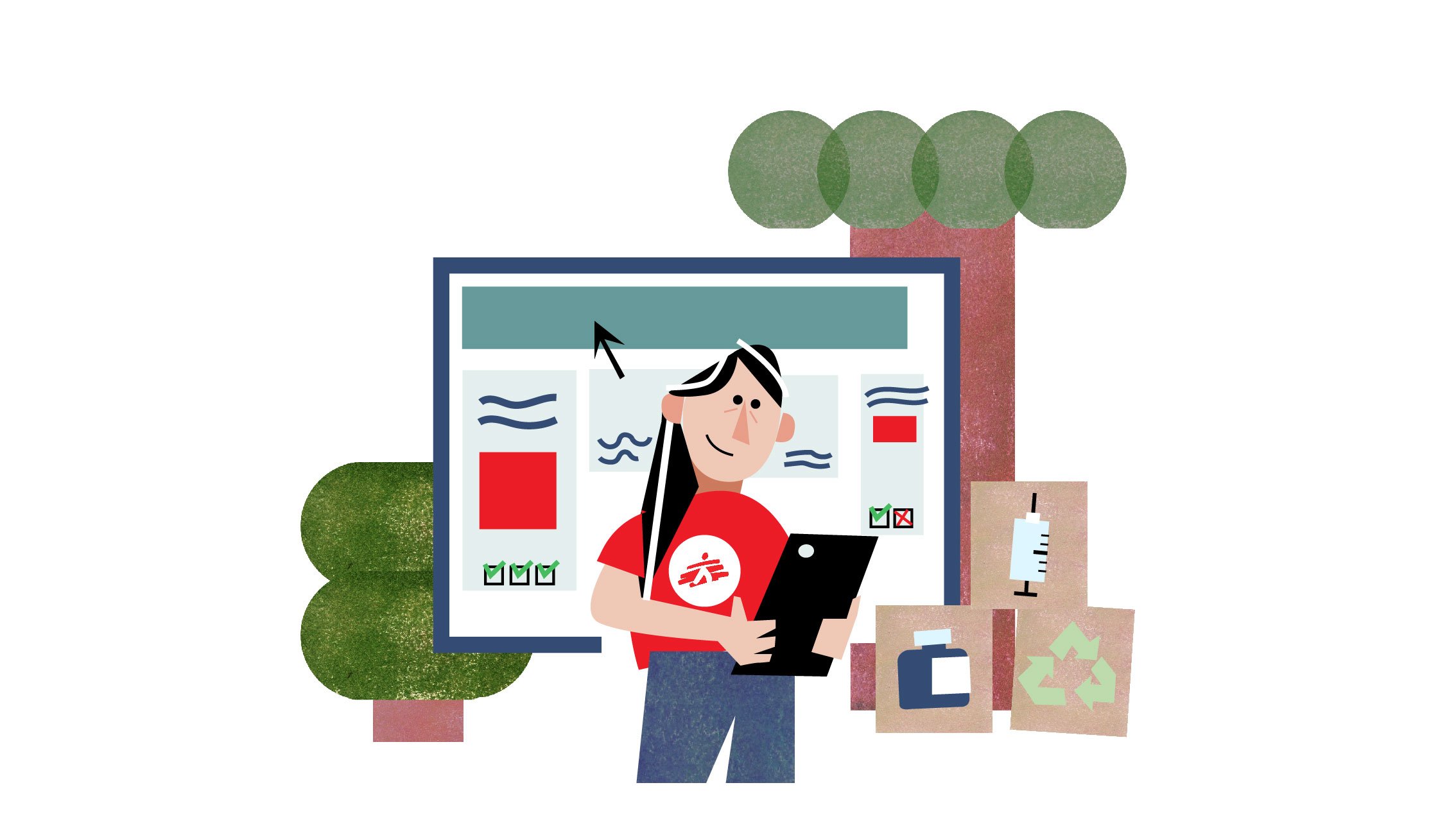 Illustration of a person with long hair standing in front of a presentation board, holding a tablet. The person is wearing a red shirt with a logo. The background includes trees and cardboard boxes with medical and recycling symbols.