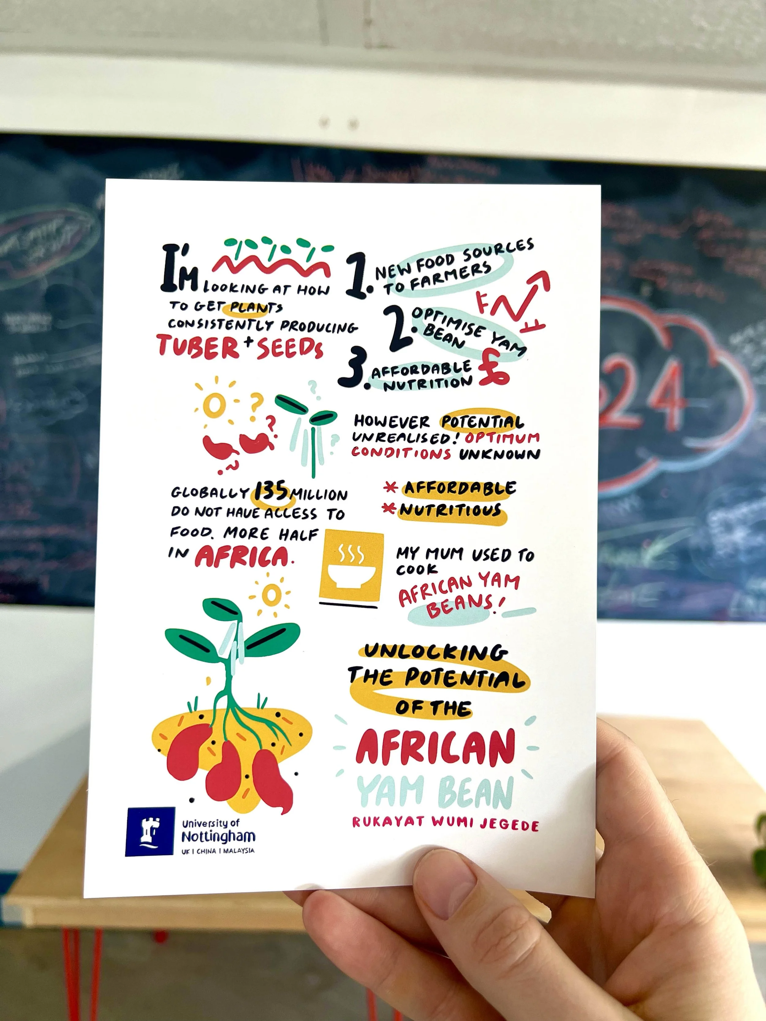 Hand holding a colorful postcard discussing the African Yam Bean. It mentions new food sources for farmers, optimizing yam beans, affordable nutrition, and global food access issues. Illustrations include plants, fruits, and sunshine. University of Nottingham logo is visible.