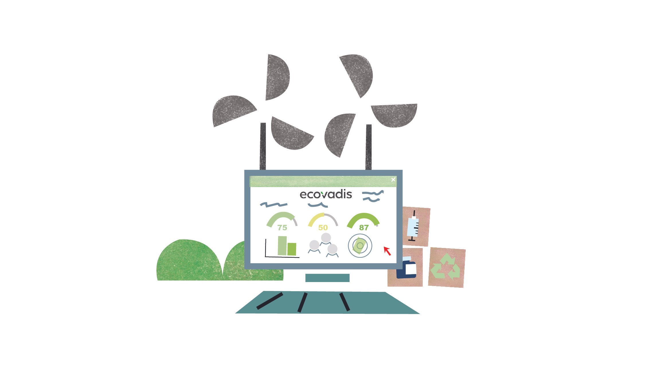 Illustration of a computer screen displaying EcoVadis dashboard with sustainability metrics, surrounded by wind turbines and recycling symbols.
