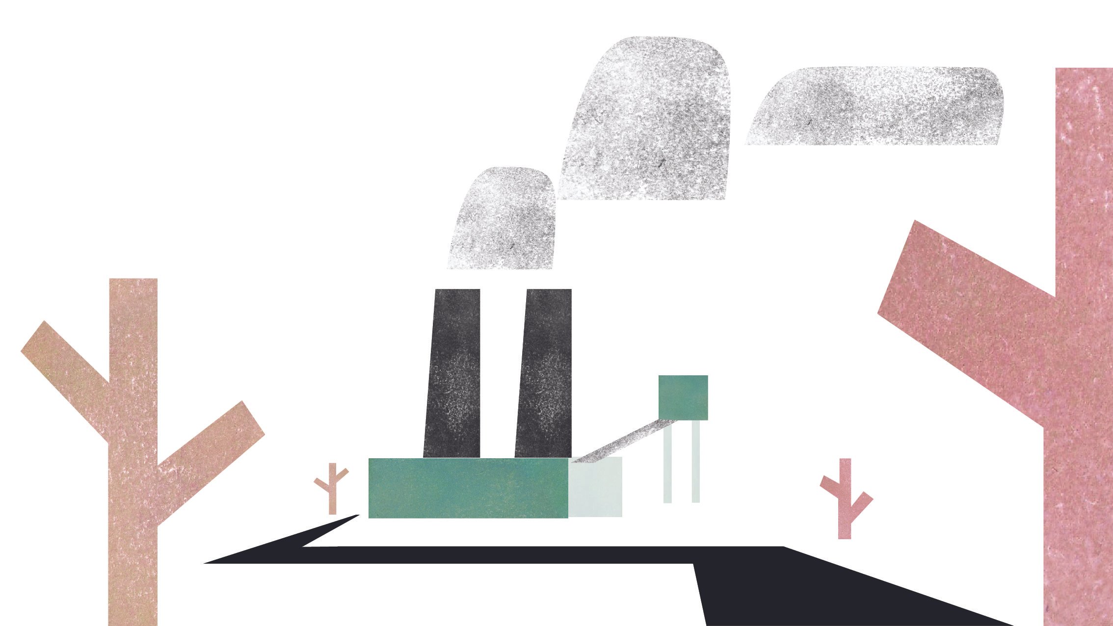 Abstract illustration of a factory with smokestacks emitting smoke, surrounded by abstract trees on a white background.