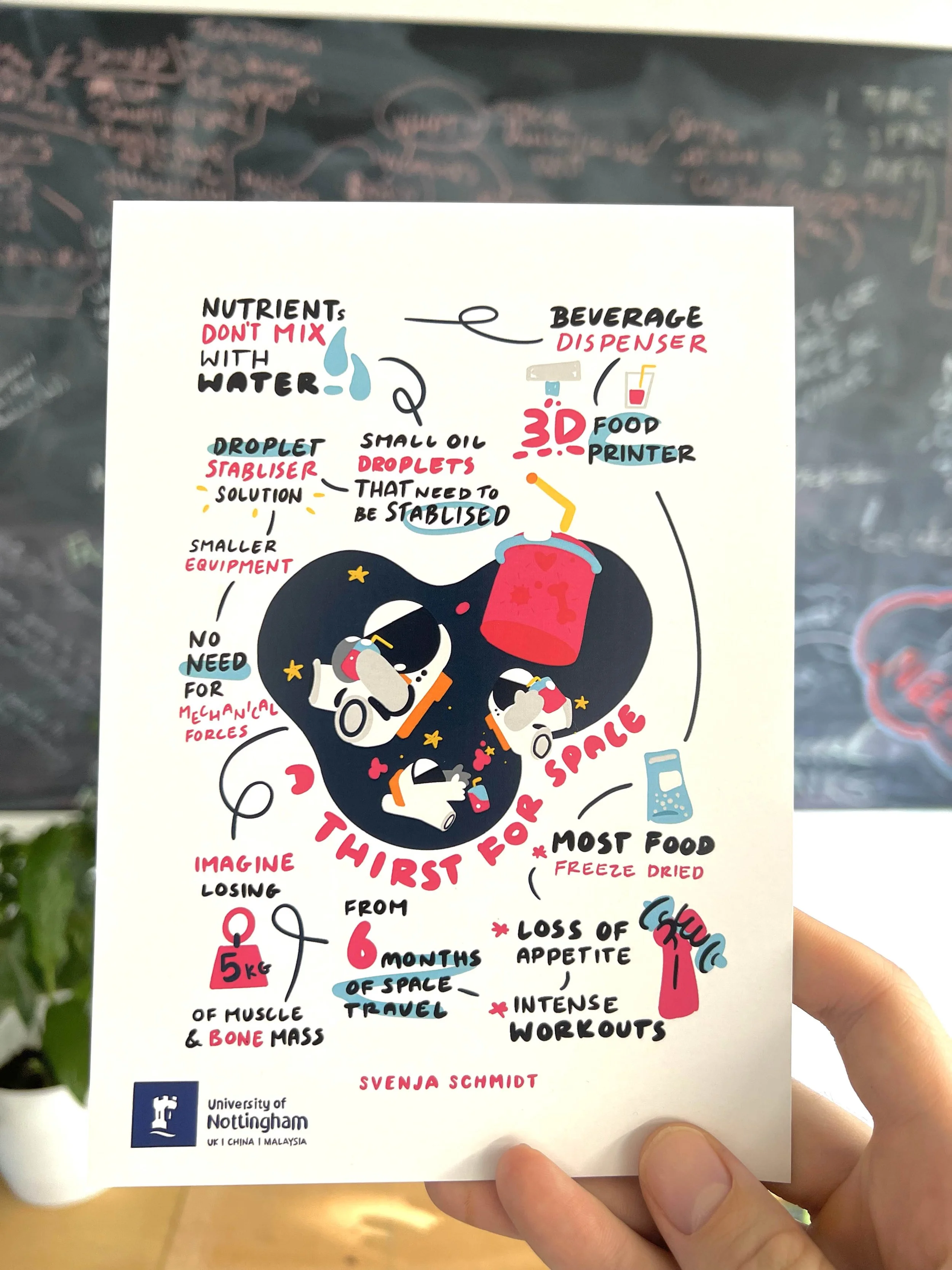 Illustrated poster titled "Thirst for Space," discussing challenges of space travel like stabilizing nutrients in water, beverage dispensers, 3D food printing, and muscle loss. It includes graphics of astronauts and notes on food preservation, loss of appetite, and exercise in space. University of Nottingham logo is present.