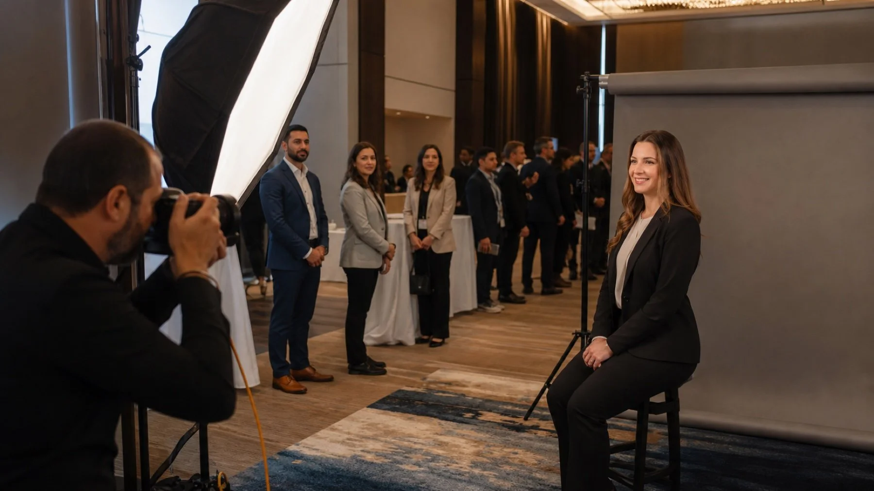 Event attendees receiving professional corporate headshots at a Calgary conference