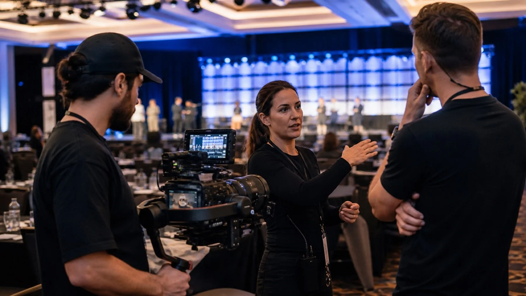 Video production crew planning camera coverage for a Toronto business event