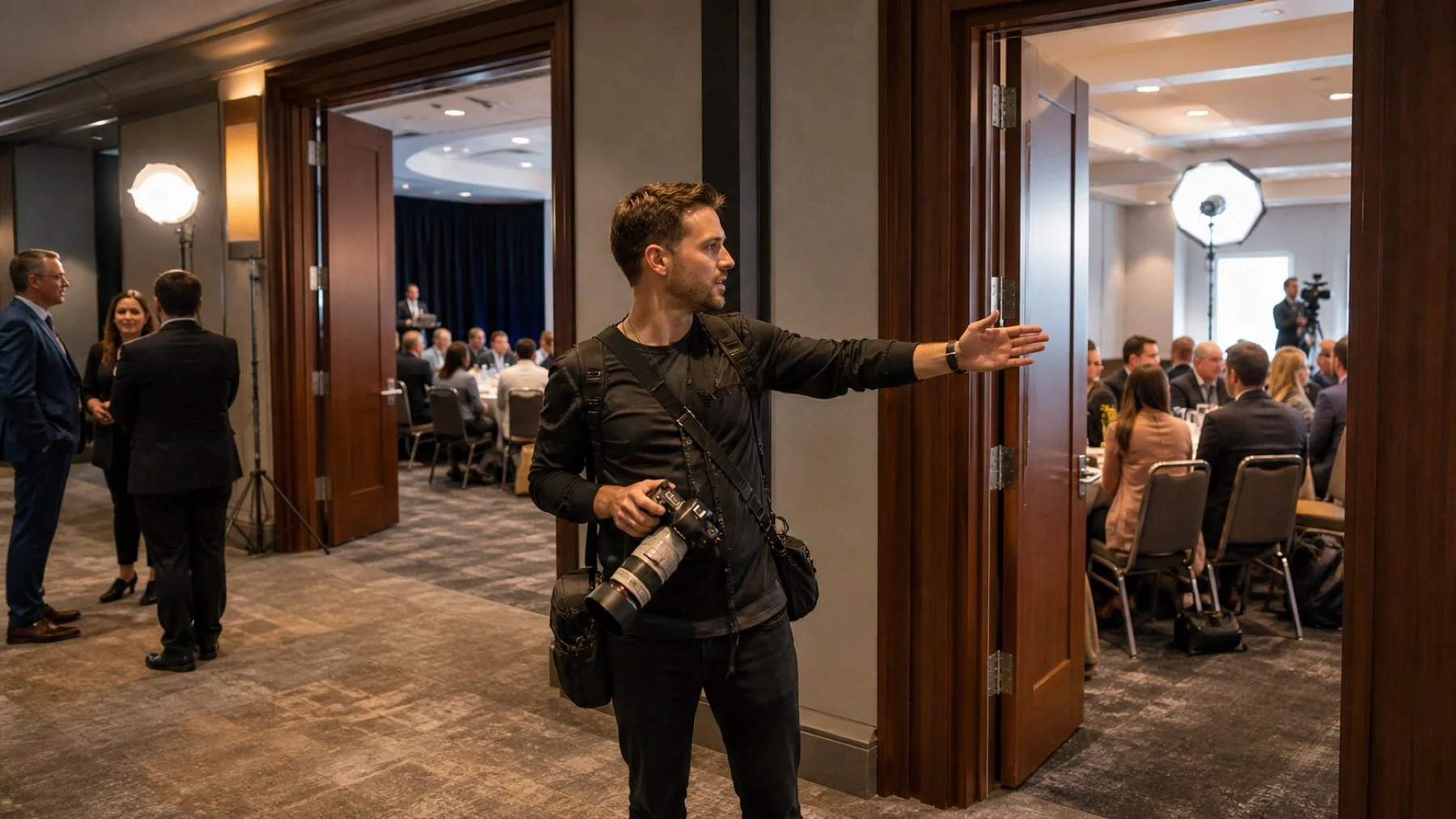Conference photographer moving between sessions at a multi room corporate event
