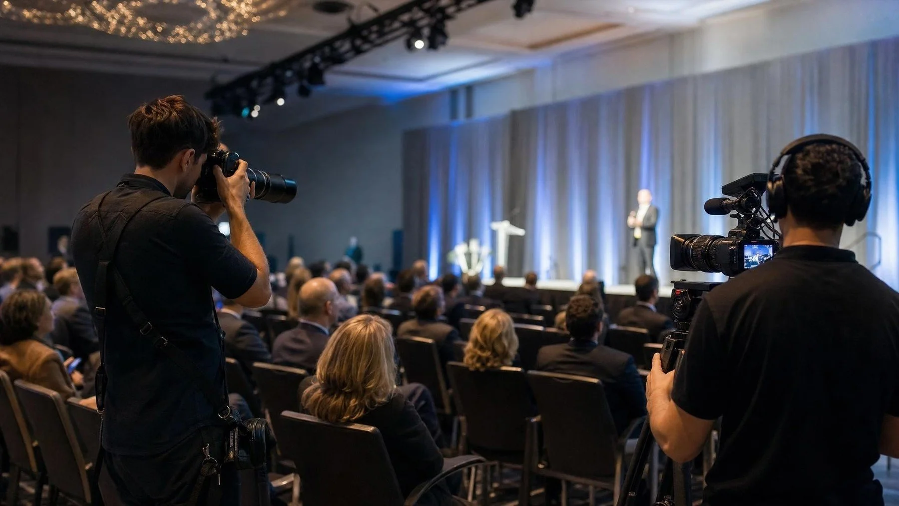 Camera operators record a conference keynote while covering the audience and stage.