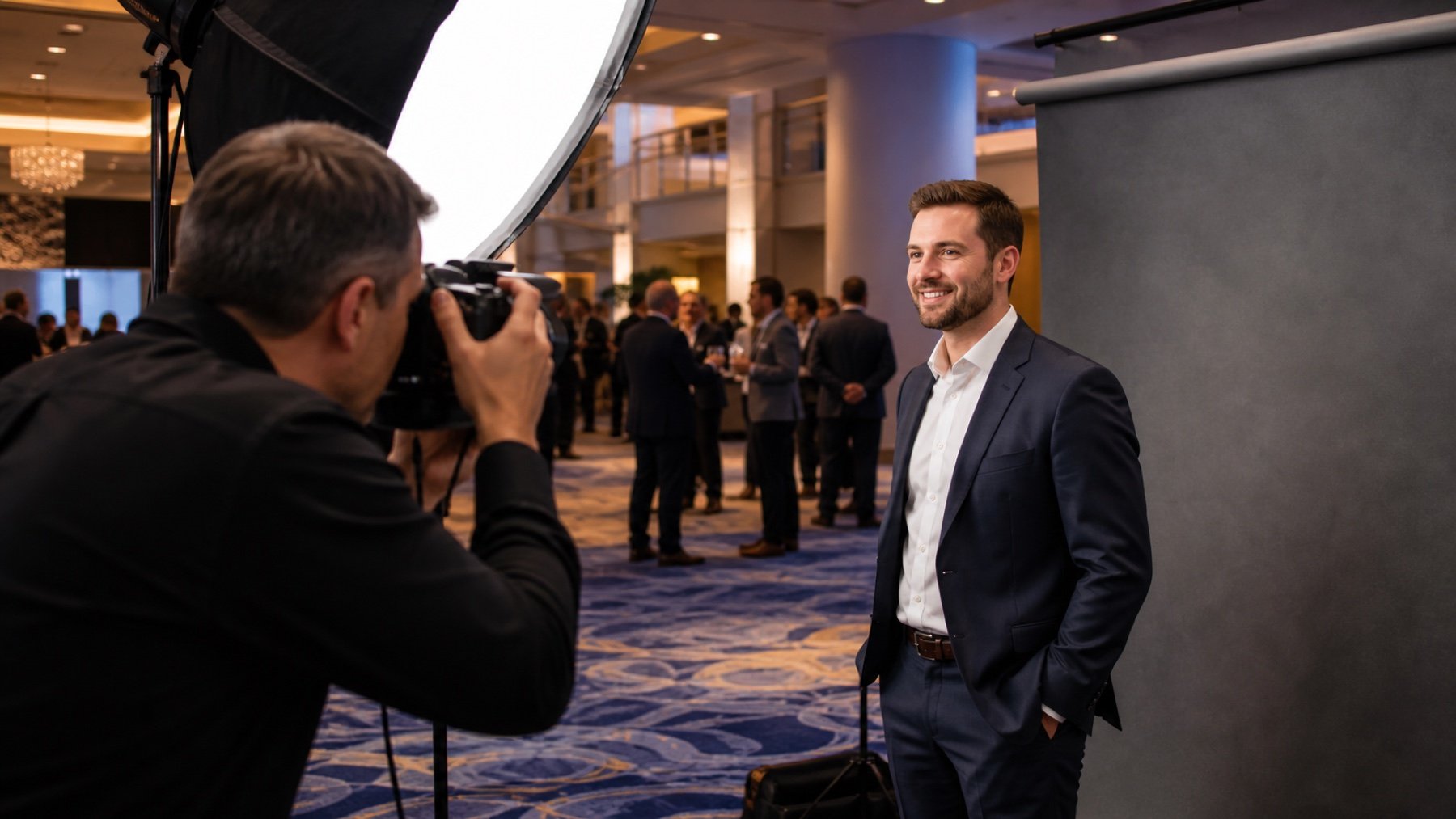 A photographer capturing a corporate attendee in a mobile headshot studio at a Toronto conference
