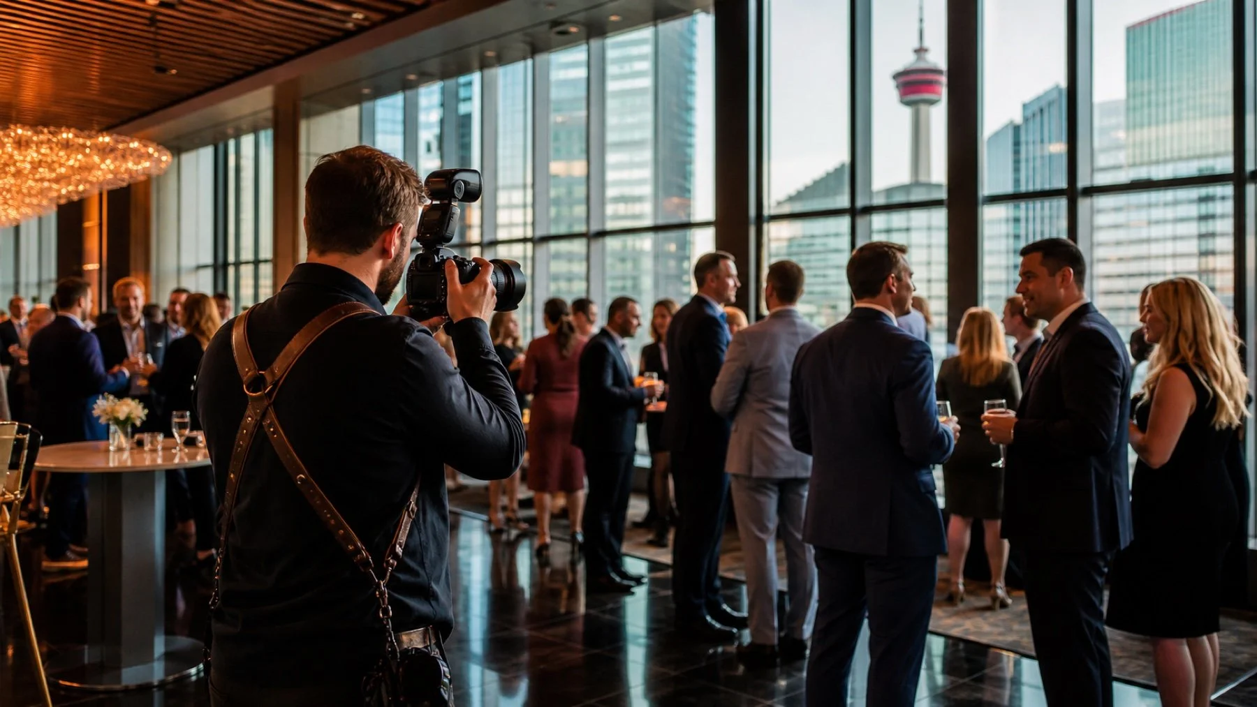 A corporate event photographer documenting a Calgary conference setup for a detailed pricing guide