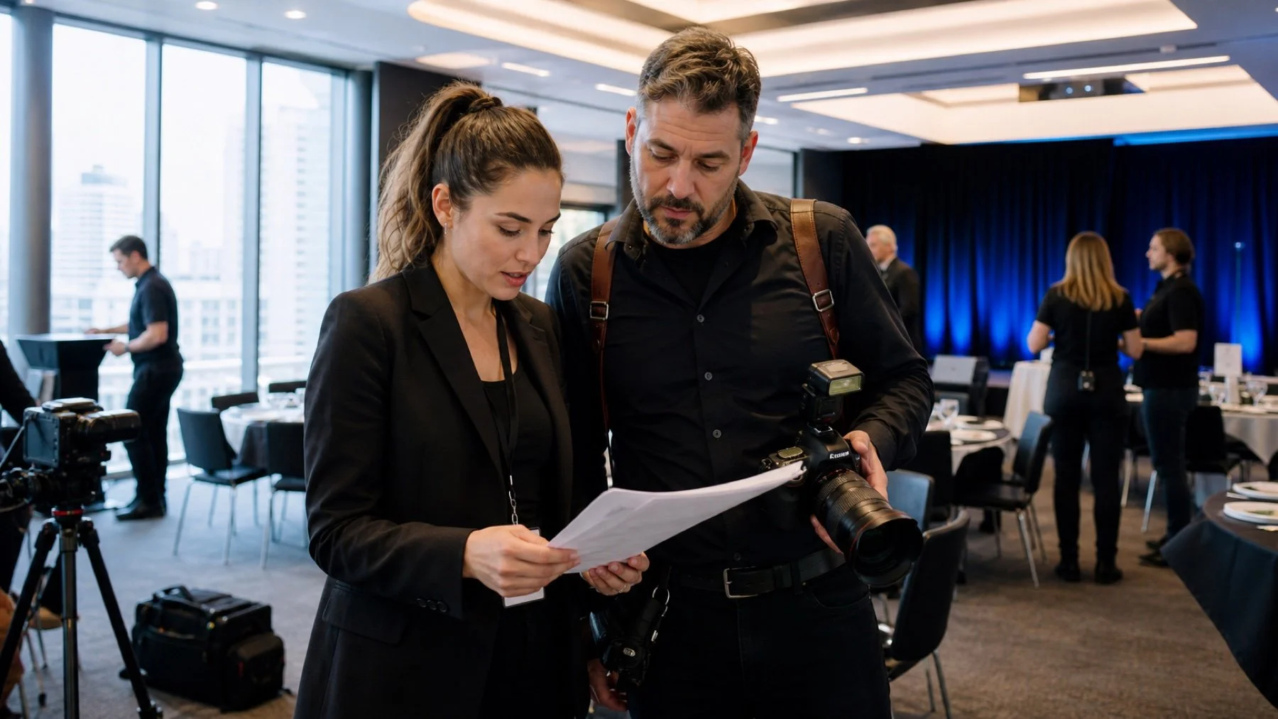 Event photographers reviewing a shot list at a Toronto corporate event