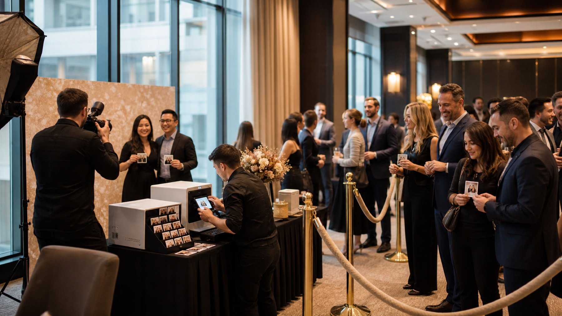 Guests moving through an on site photo printing activation at a corporate event