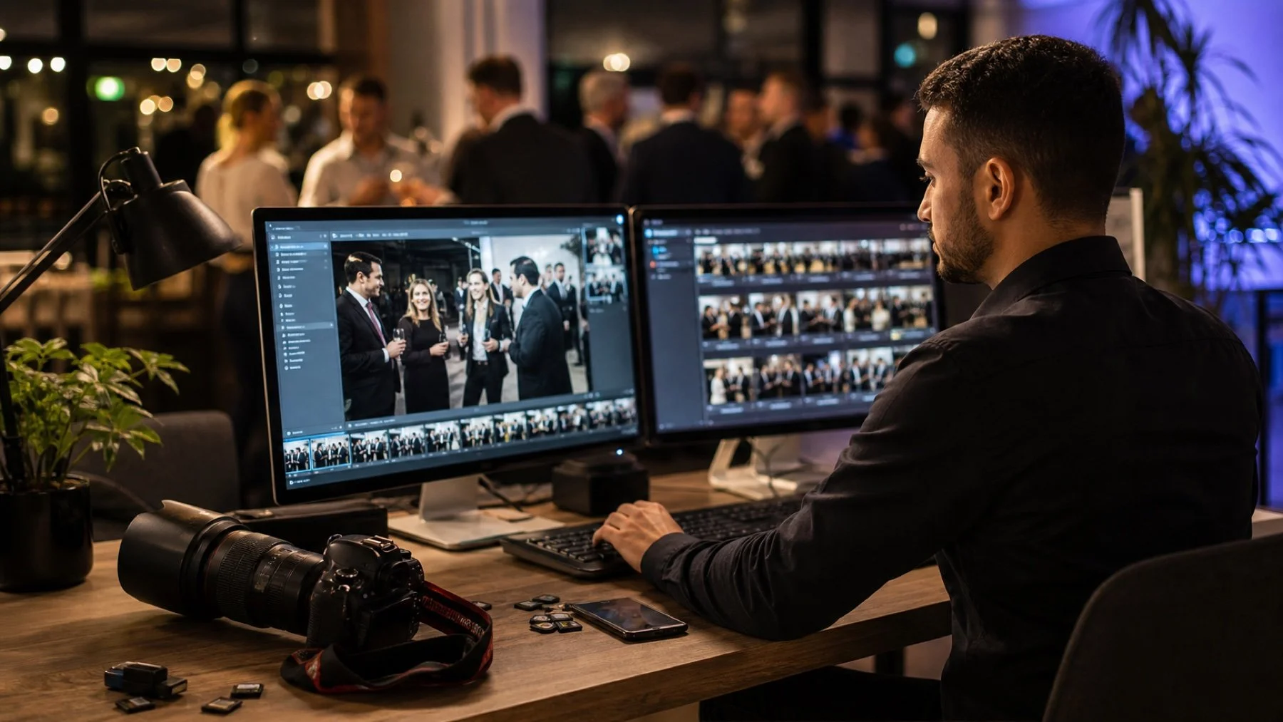Photo editor reviewing same day event images on dual monitors in Toronto