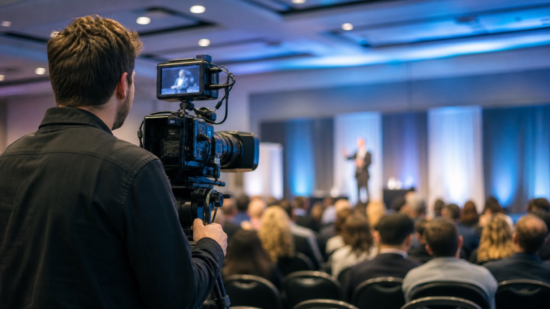 Videographer filming a conference speaker for a Toronto event highlight video