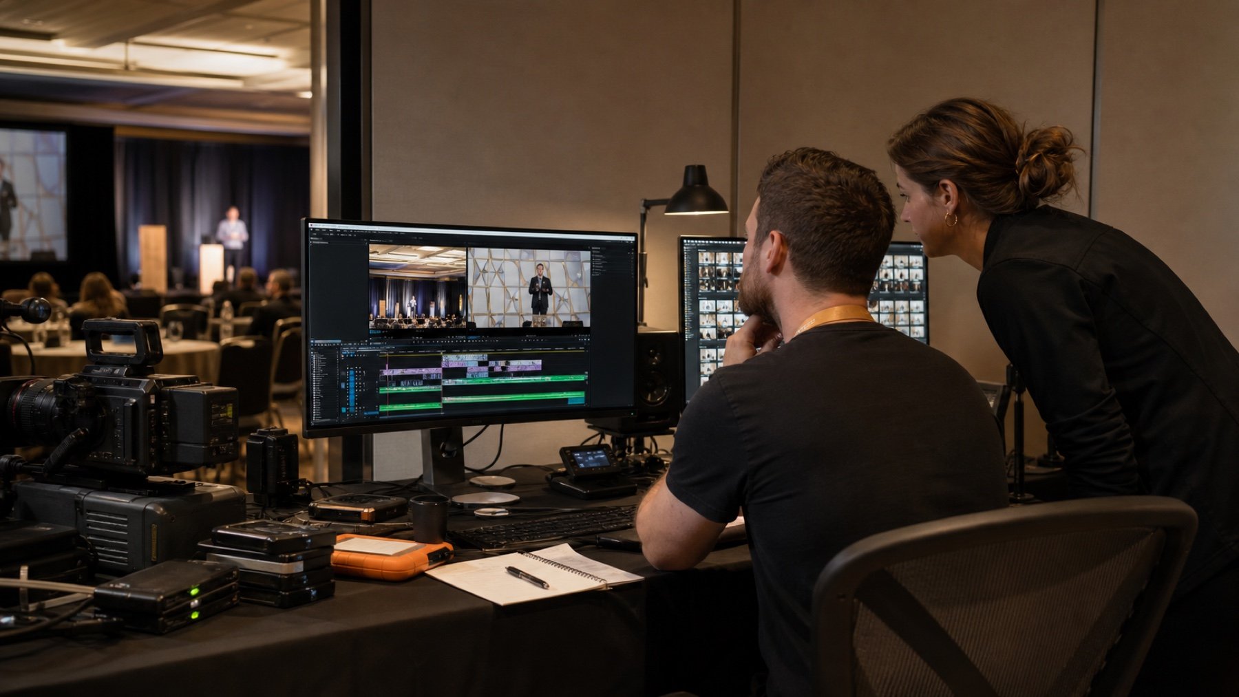 Video editor preparing event recap deliverables after a corporate conference