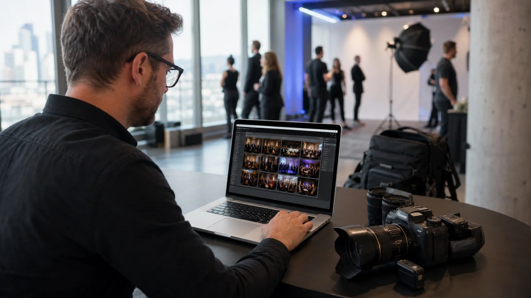 Event photographer delivering edited images to a Calgary corporate event team