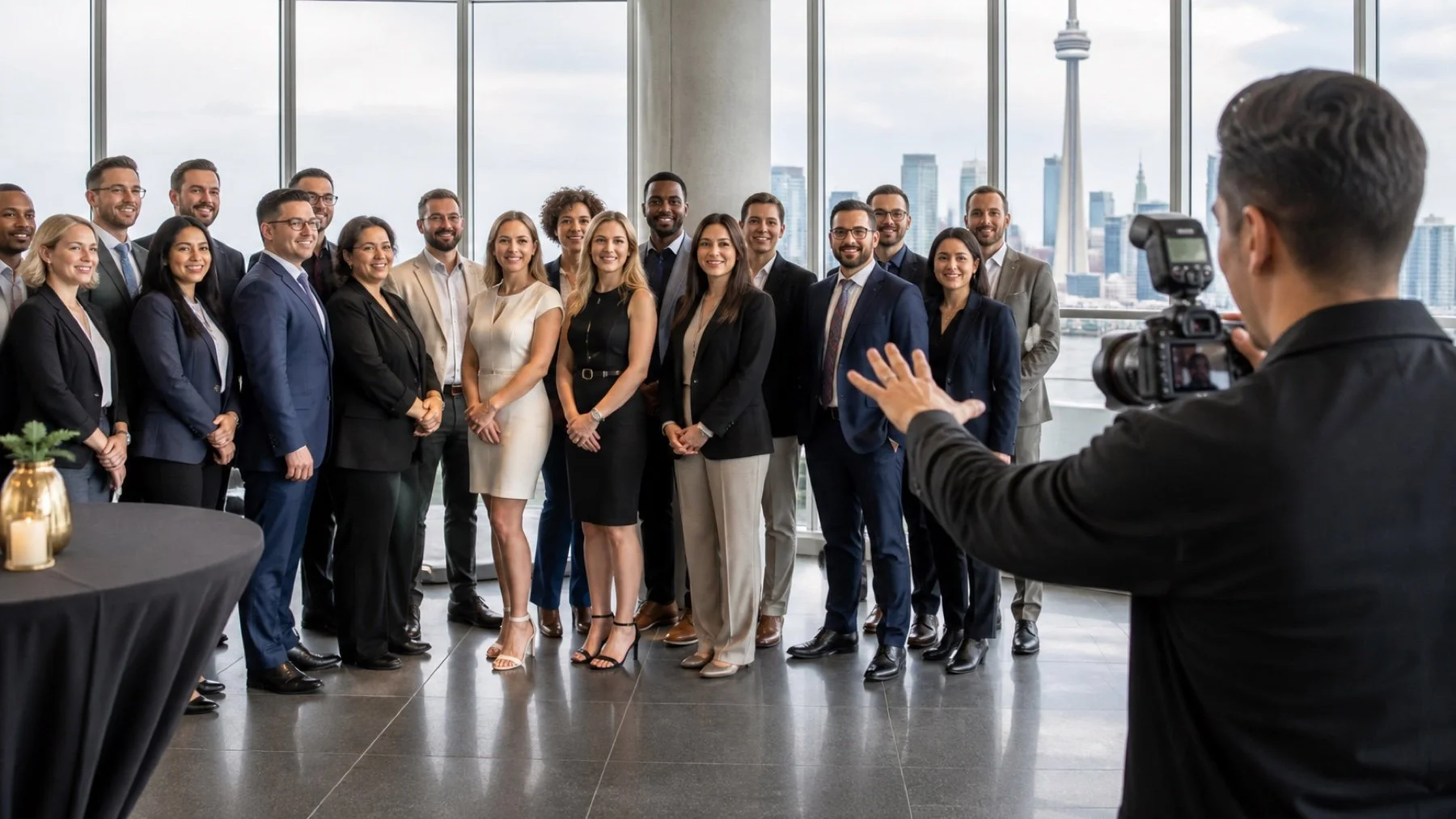 Event team posing for an organized group photo at a Toronto venue