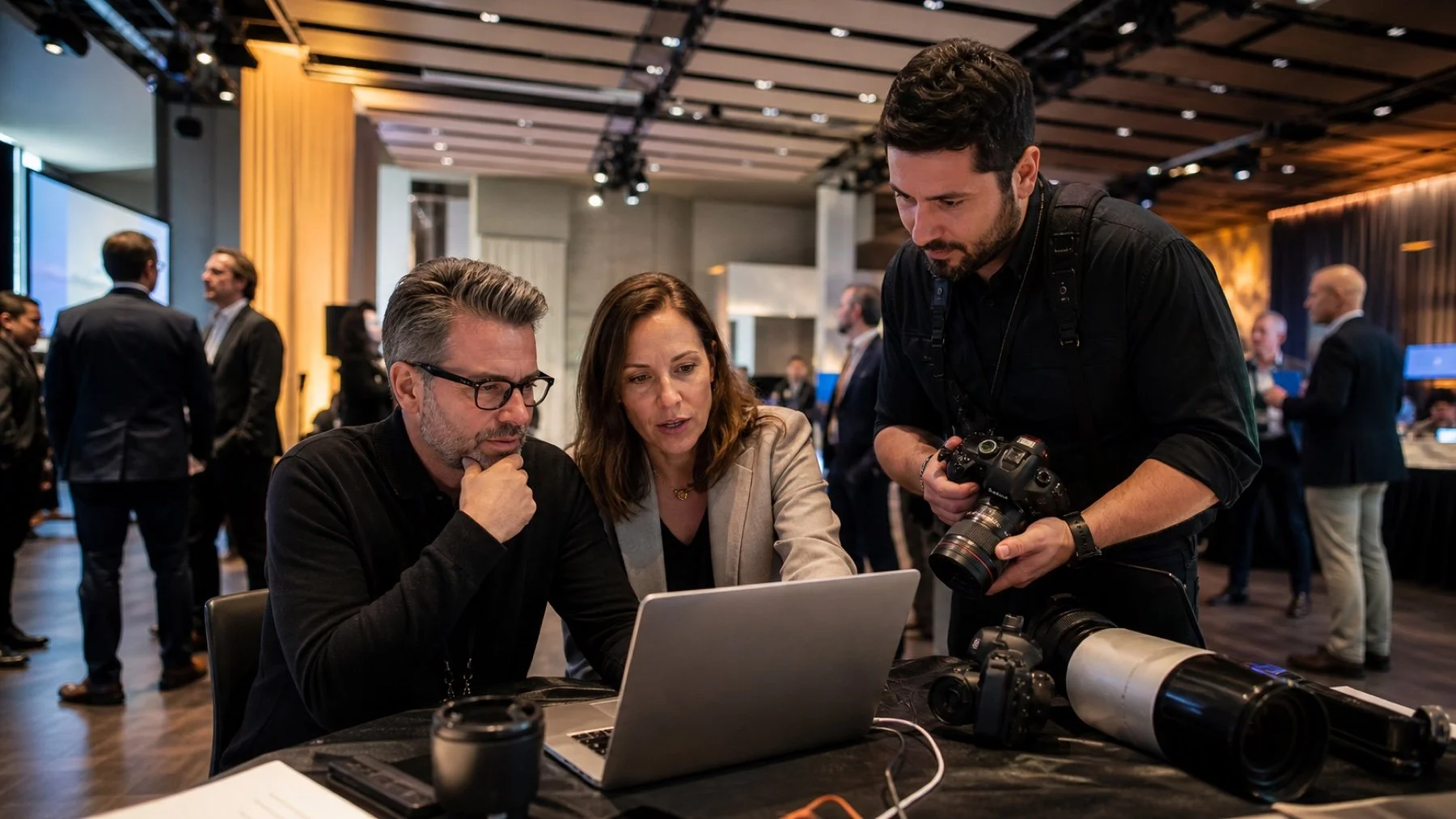Event communications team reviewing same day conference photographs