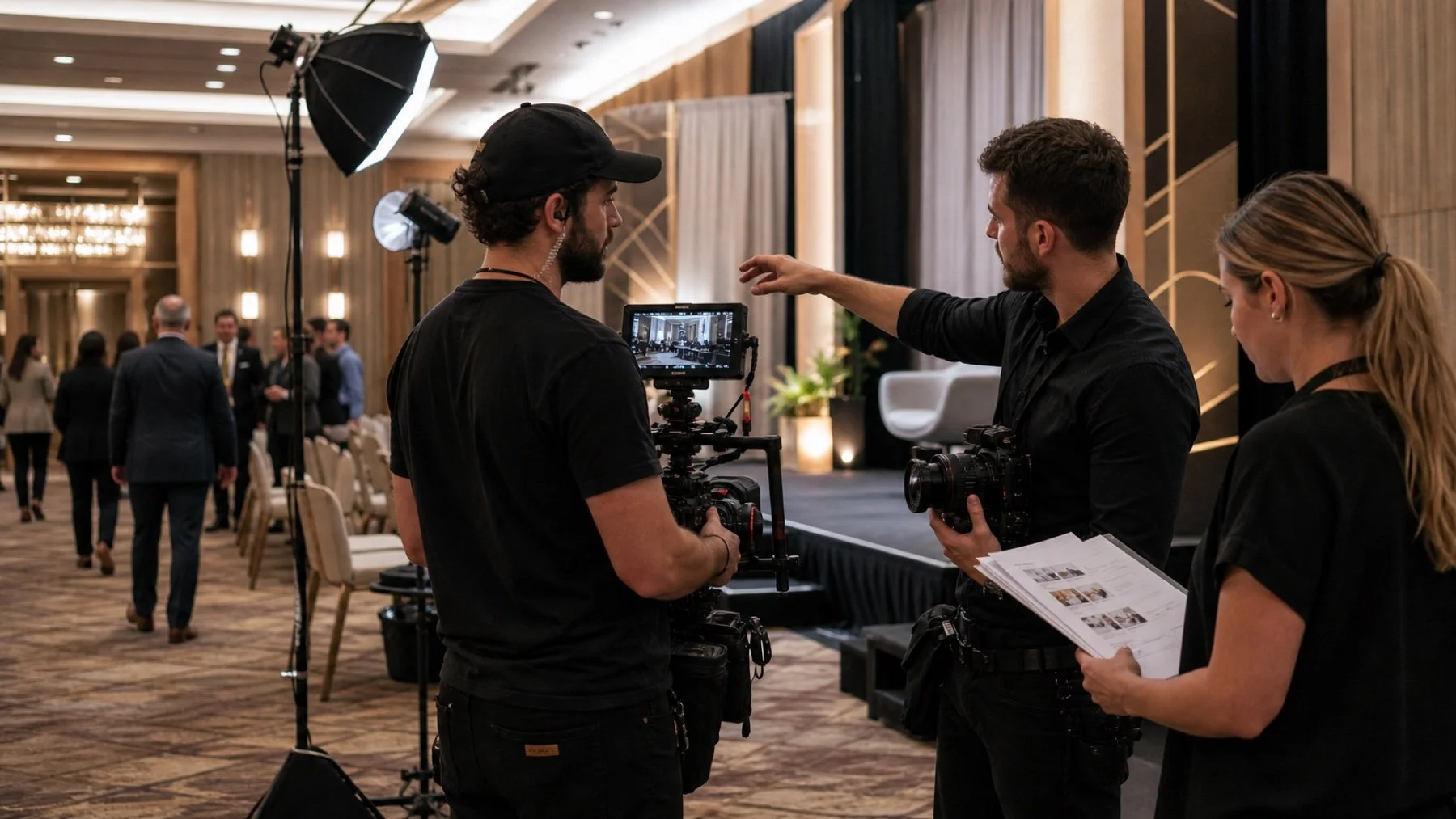Photo and video crews coordinating positions at a corporate event
