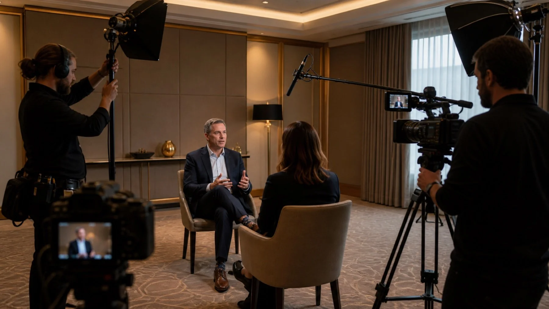 Producer preparing a guest for a corporate event video interview