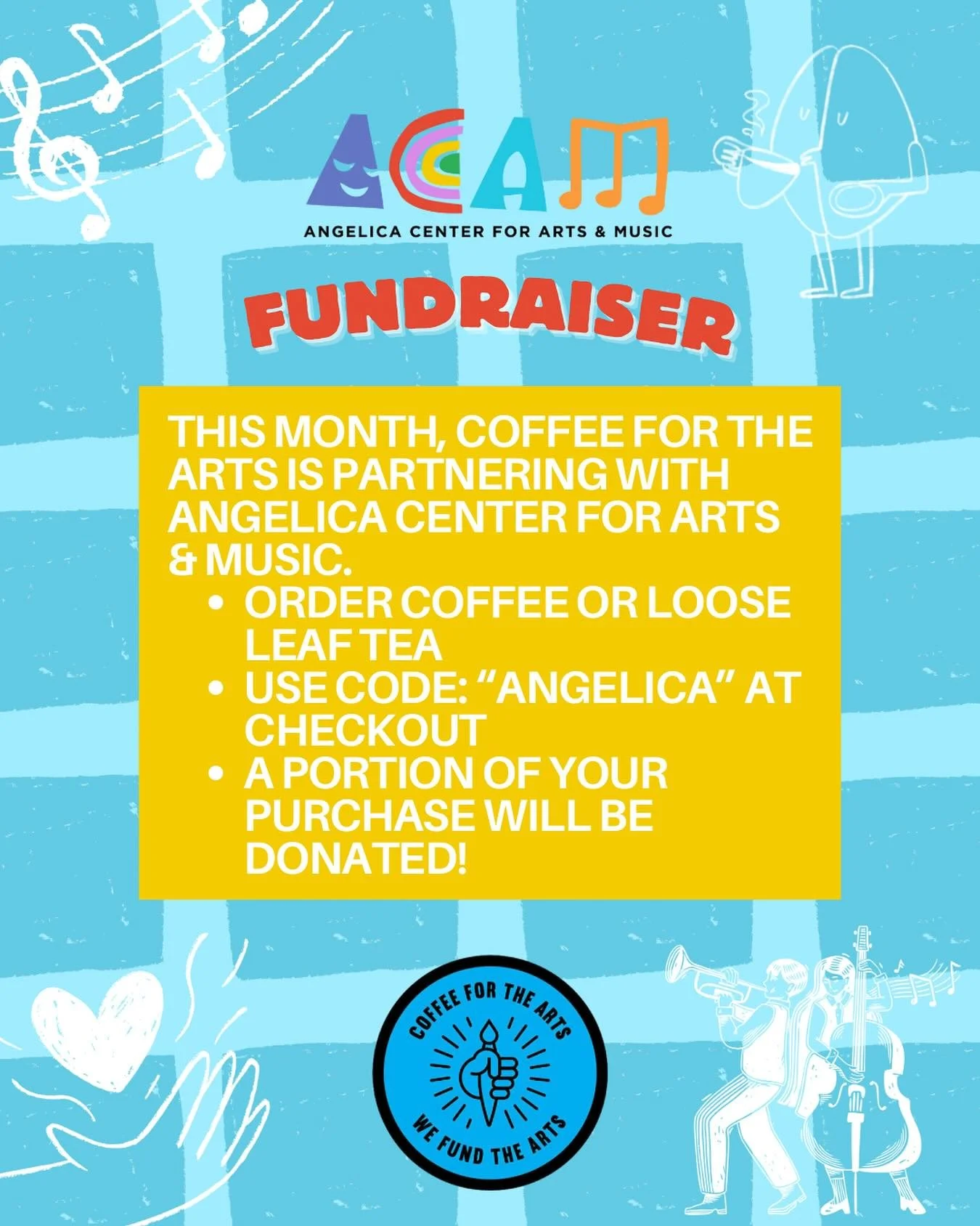 ☕🎶 Huge thanks to @coffeeforthearts for partnering with us to support ACAM! Together we can help empower our young artists. 💛

When you order from Coffee For The Arts and use the code &ldquo;ANGELICA&rdquo;, a portion of your purchase goes to ACAM.