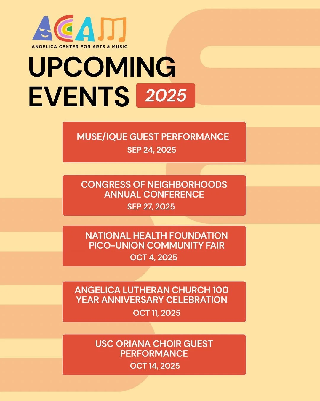 UPDATED EVENTS

✨Mark your calendars!✨

ACAM has an exciting lineup of events this September and October, and we&rsquo;d love for you to join us. Come celebrate with us and support the arts in our community!

EVENTOS ACTUALIZADOS

✨&iexcl;Marquen sus