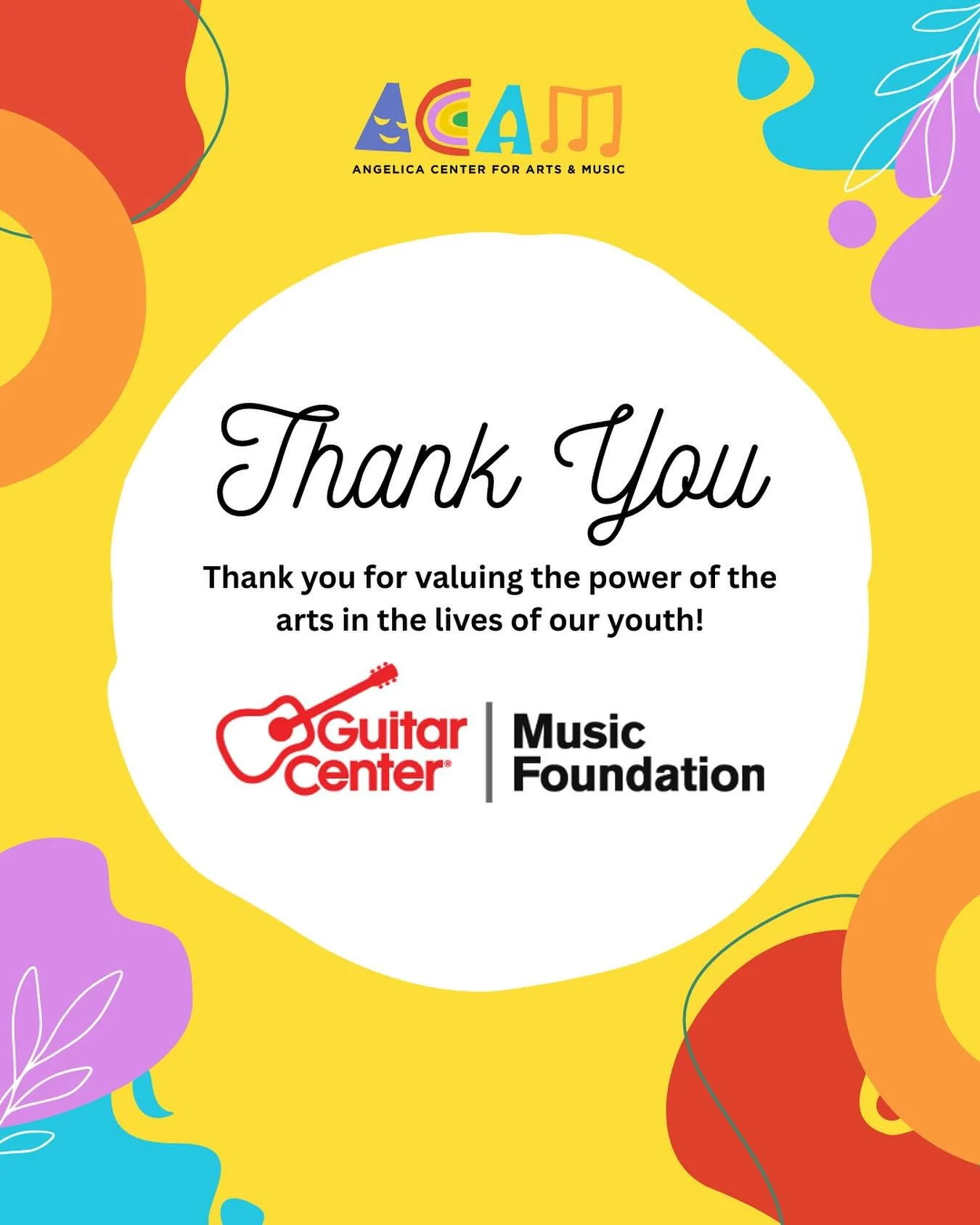 We are incredibly grateful to the Guitar Center Music Foundation for awarding ACAM the instrument grant this quarter! Thank you for supporting music education with a gift of new instruments and supplies for our programs. It is an incredible honor for