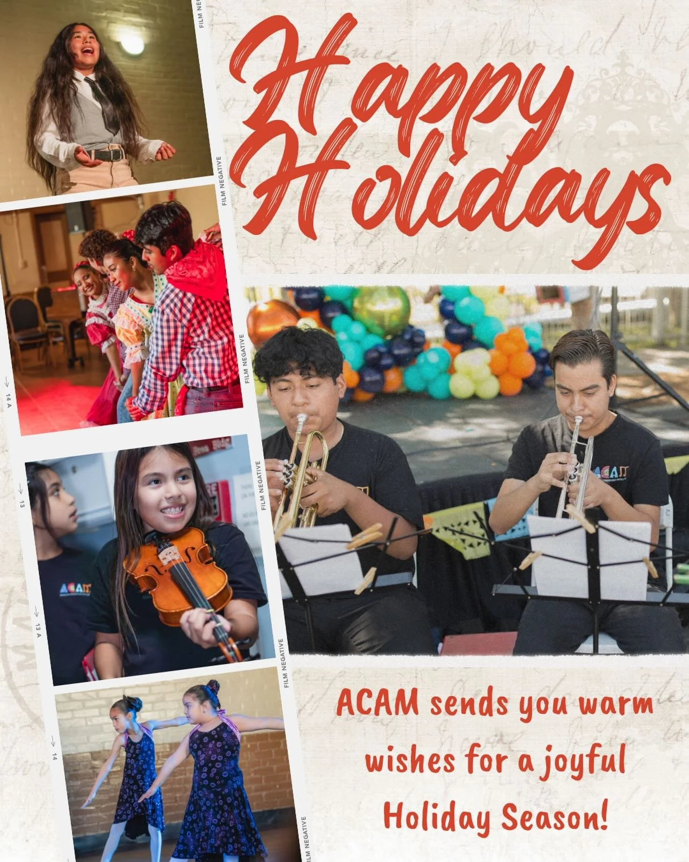 Happy Holidays from all of us at ACAM!
 We&rsquo;re so grateful for our students, families, teaching artists, and community who make everything we do possible. May this season be filled with joy, music, creativity, and togetherness. Wishing you all a