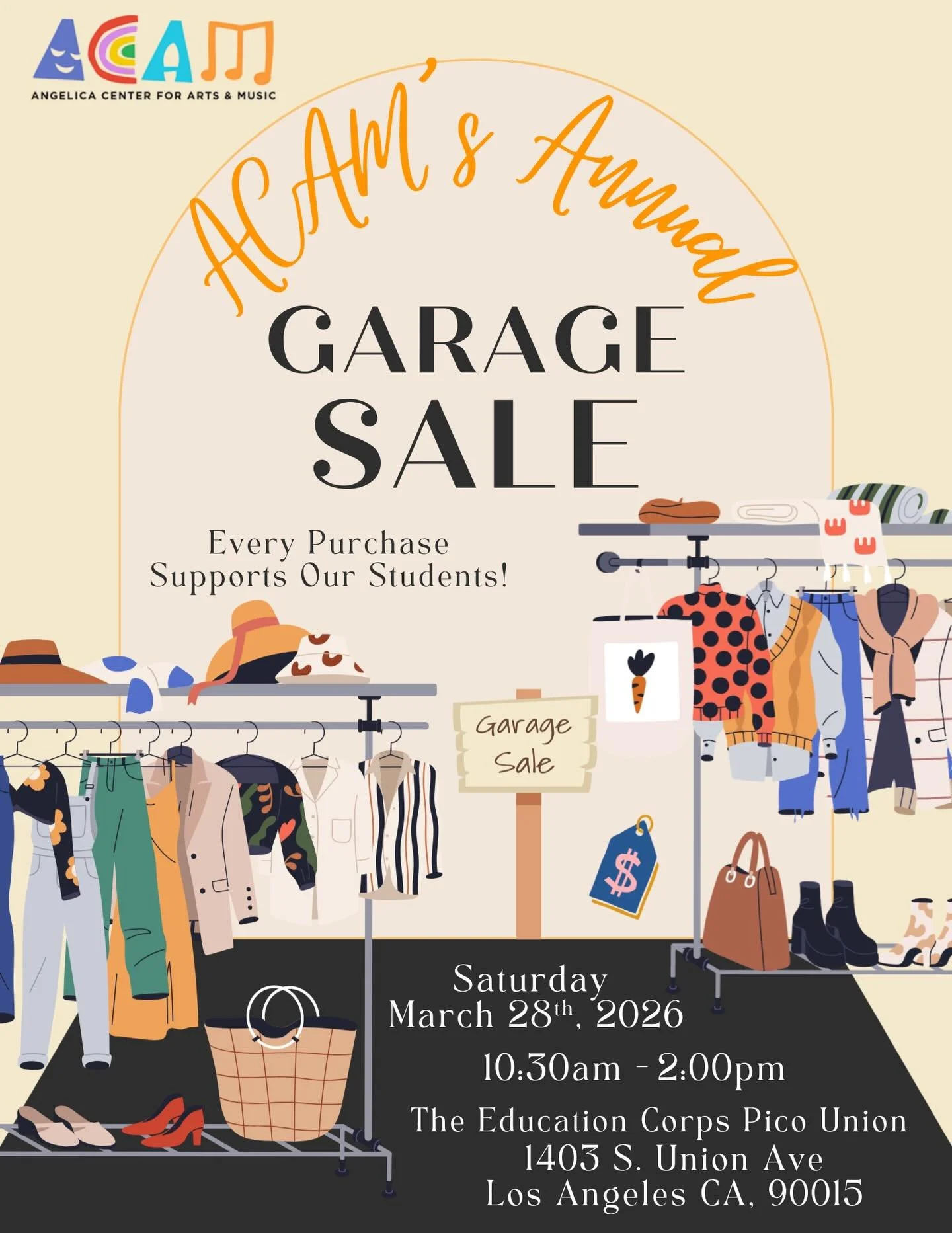 Join us this Saturday for ACAM&rsquo;s annual garage sale. Every purchase supports our students! We hope to see you there!

For more details on the garage sale check out the flyer above. 😁

~~~~~~~~~~~~~~~~~~~~~~~~~~~~~~~~~~~~~

Acomp&aacute;&ntilde