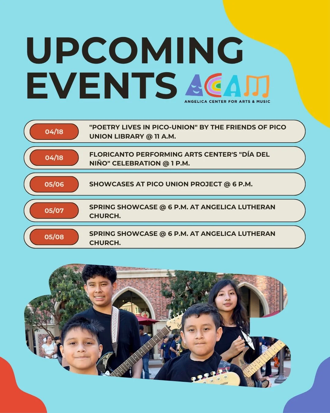 We have some exciting upcoming events at ACAM! Check out our calendar to stay up to date on our future performances. We hope to see you there!

Down below is more information on where to go for our ACAM performances.

(04/18) Poetry Lives in Pico-Uni