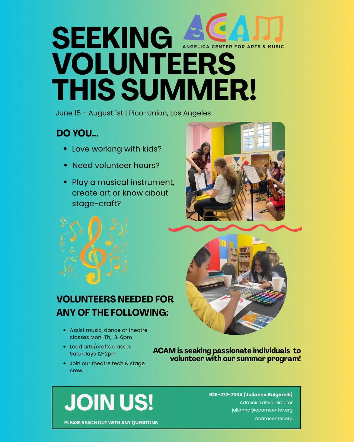 ACAM is seeking passionate individuals to volunteer with our summer program! 💛🎶🎭

Do you love working with kids, need volunteer hours, or have skills in music, art, theatre, or stage-craft? We&rsquo;d love to have you join us this summer! ✨

Volun