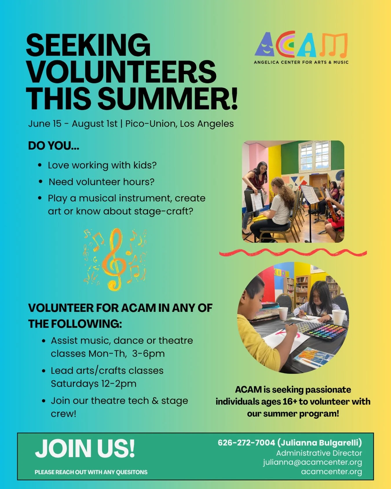 ACAM is seeking passionate individuals to volunteer with our summer program! 💛🎶🎭

Do you love working with kids, need volunteer hours, or have skills in music, art, theatre, or stage-craft? We&rsquo;d love to have you join us this summer! ✨

Volun