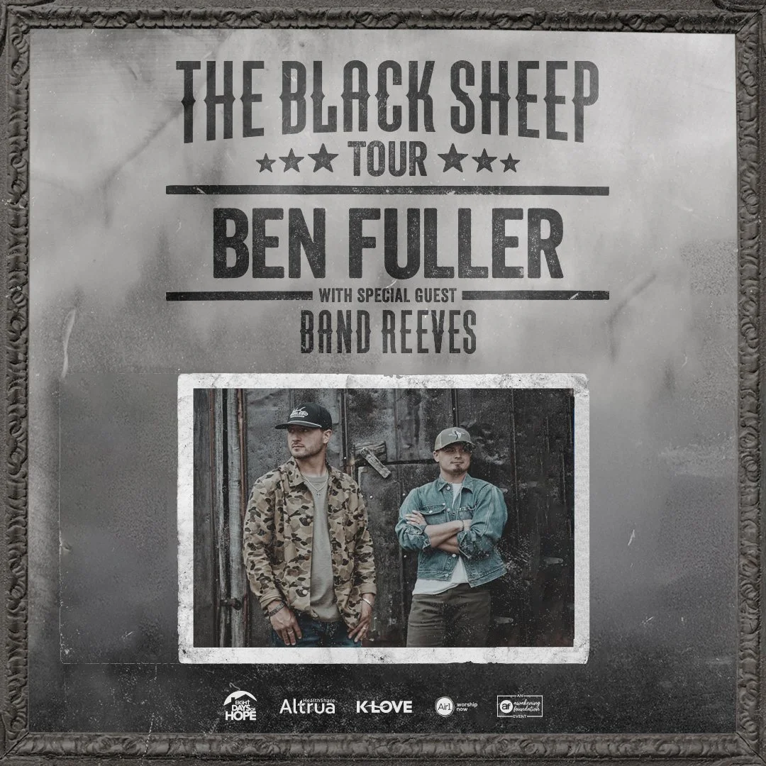 Poster for The Black Sheep Tour featuring Ben Fuller with special guest Band Reeves, including a photo of two men standing against a dark urban background, one in a camo jacket and the other in a denim jacket.
