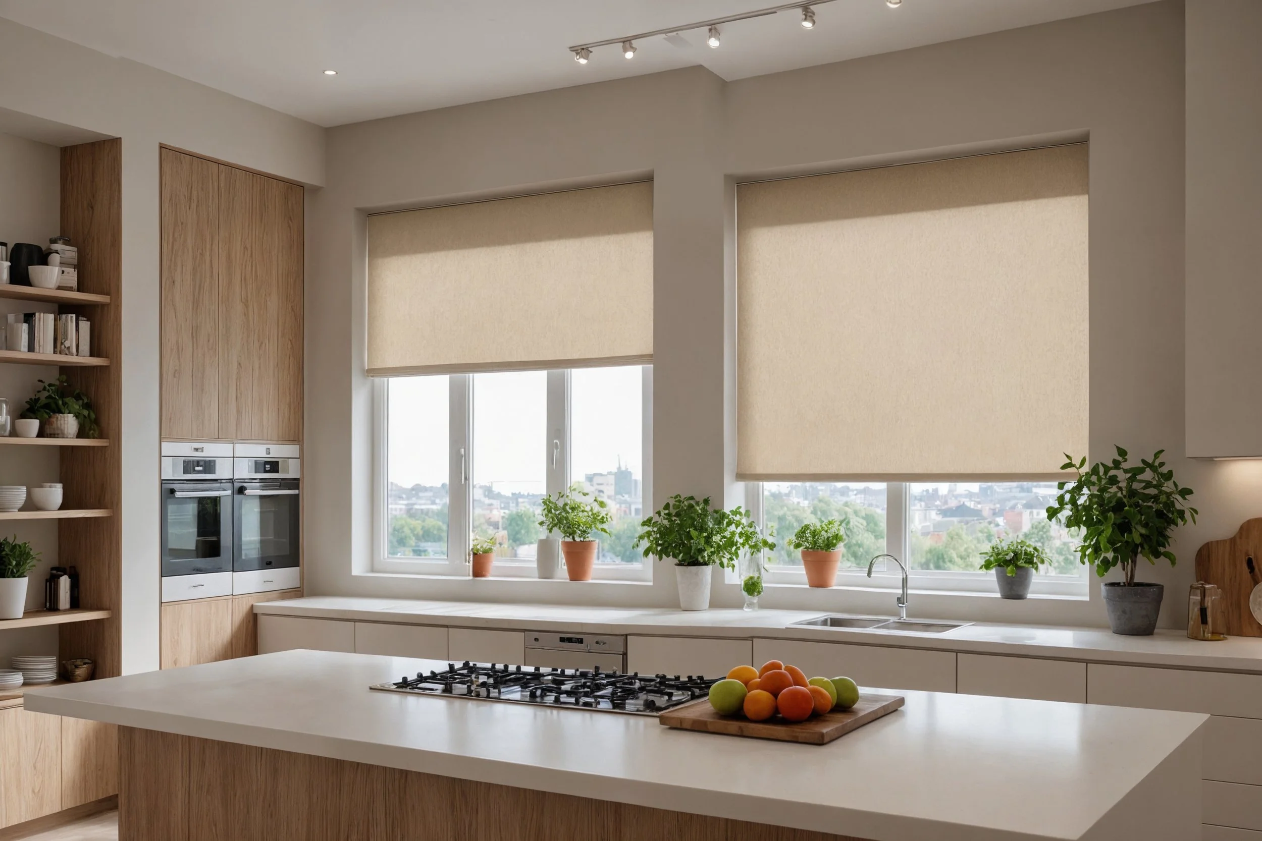 Modern kitchen with beige roller shades, white countertops, and potted plants on the window sill, with cityscape views.