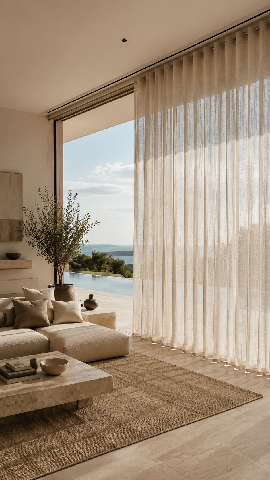 Living room with beige sofa, potted plant, coffee table, and large window with sheer curtains overlooking an outdoor pool and scenic landscape.