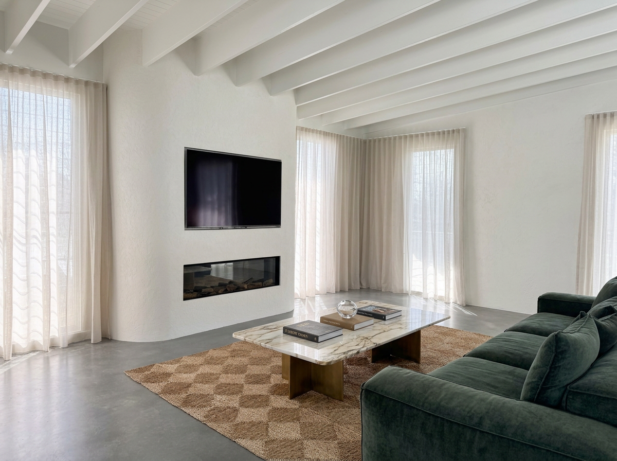Living room with white walls, large windows with sheer curtains, a green velvet sofa, a marble-top coffee table, a wall-mounted flat-screen TV, a built-in fireplace, and a brown patterned area rug.