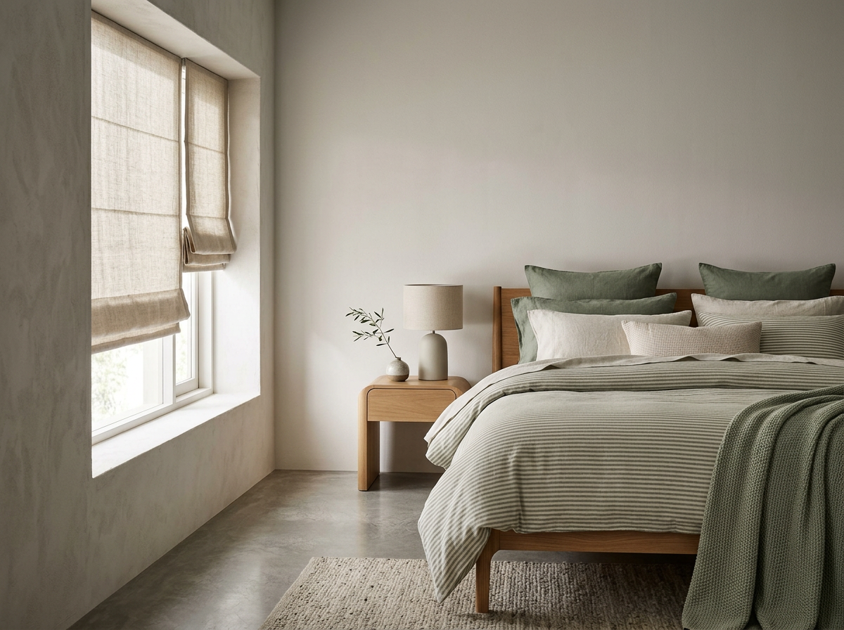 A minimalistic bedroom with a wooden bed, multiple green and white pillows, a beige and green striped blanket, a wooden nightstand with a beige table lamp and a small decorative vase with a branch, and a window with beige Roman shades.